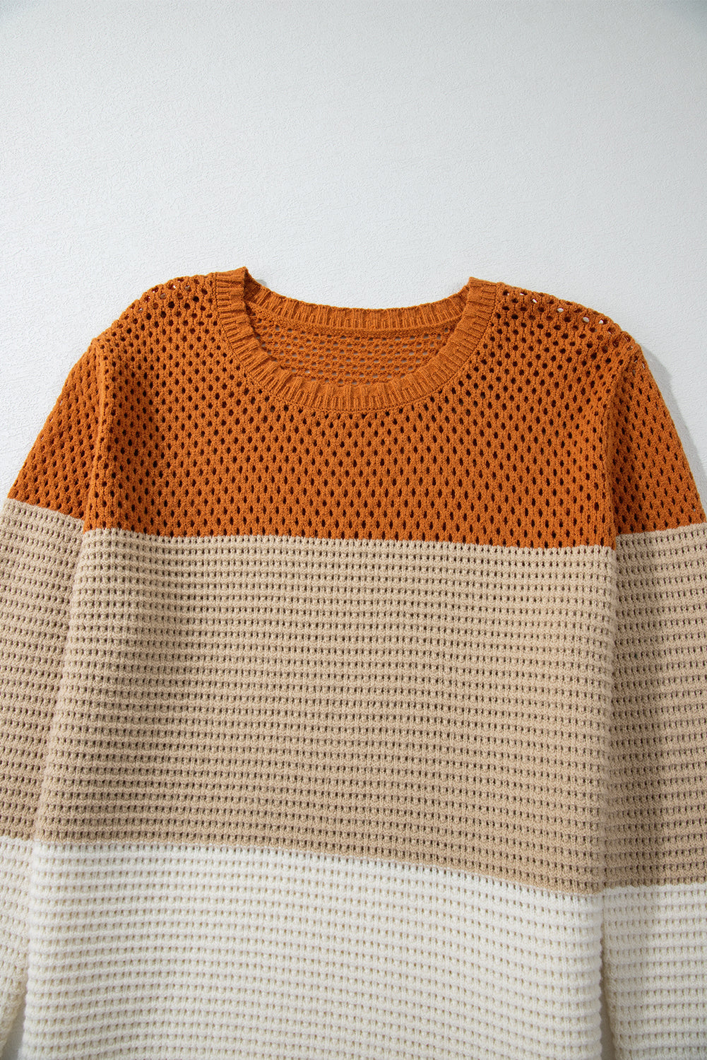 Orange Colorblock Round Neck Hollow Knit Sweater