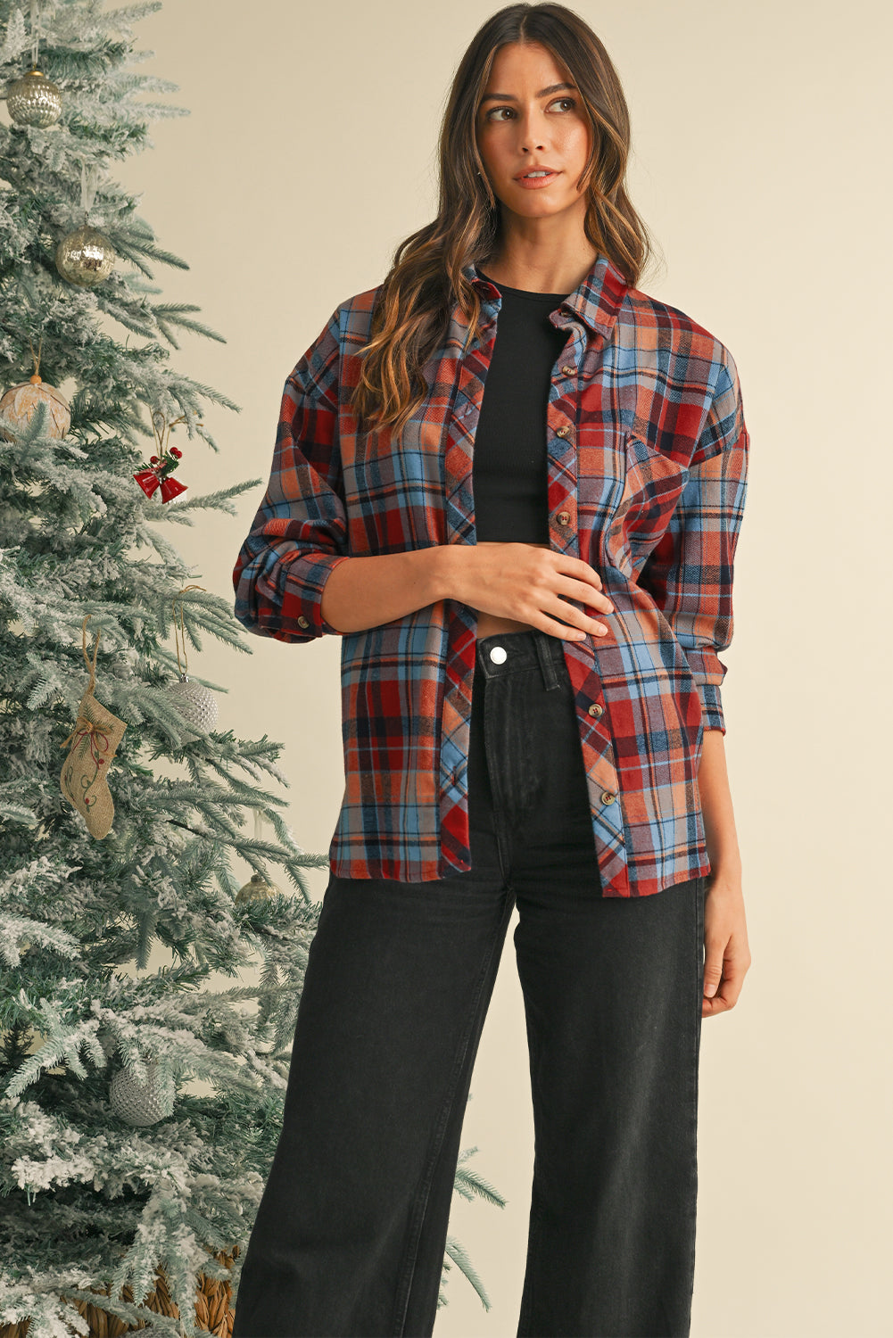 Orange Plaid Print Pocket Loose Shirt