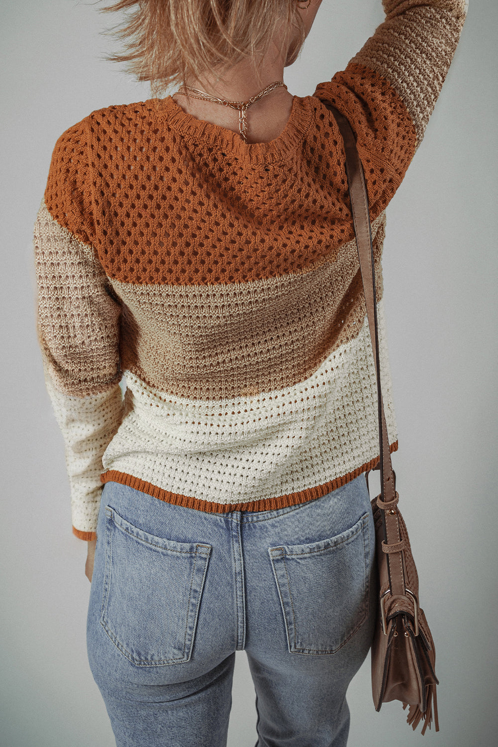 Orange Colorblock Round Neck Hollow Knit Sweater