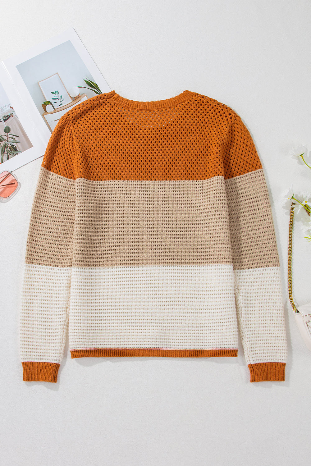 Orange Colorblock Round Neck Hollow Knit Sweater