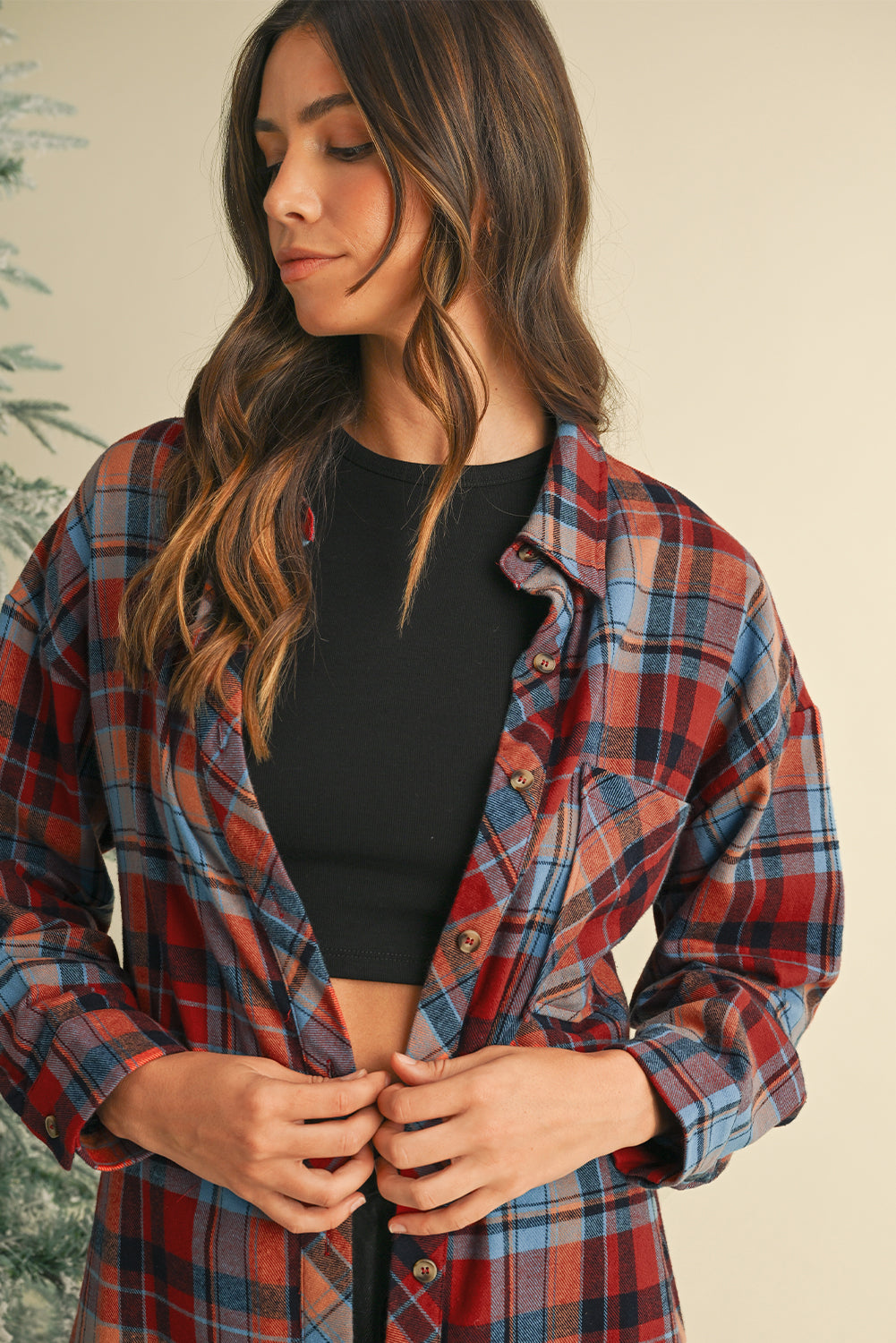 Orange Plaid Print Pocket Loose Shirt