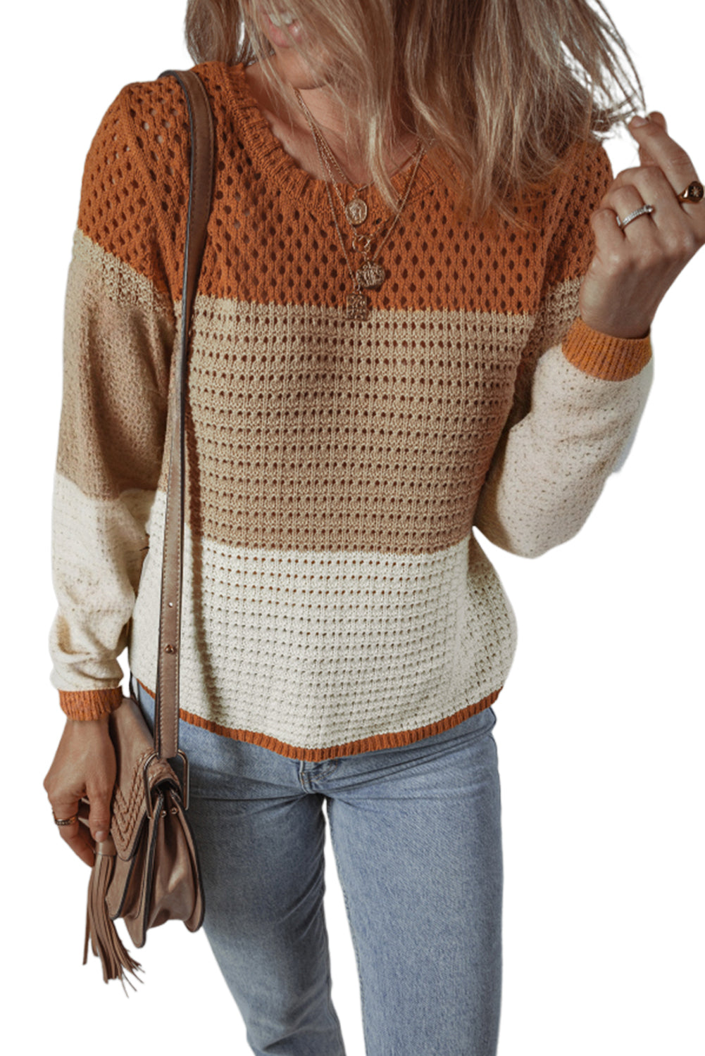 Orange Colorblock Round Neck Hollow Knit Sweater