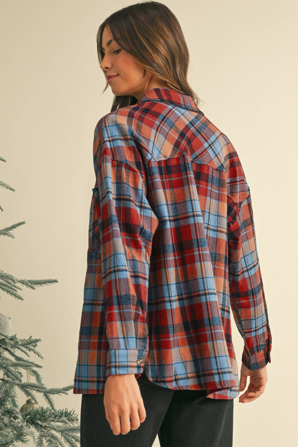 Orange Plaid Print Pocket Loose Shirt