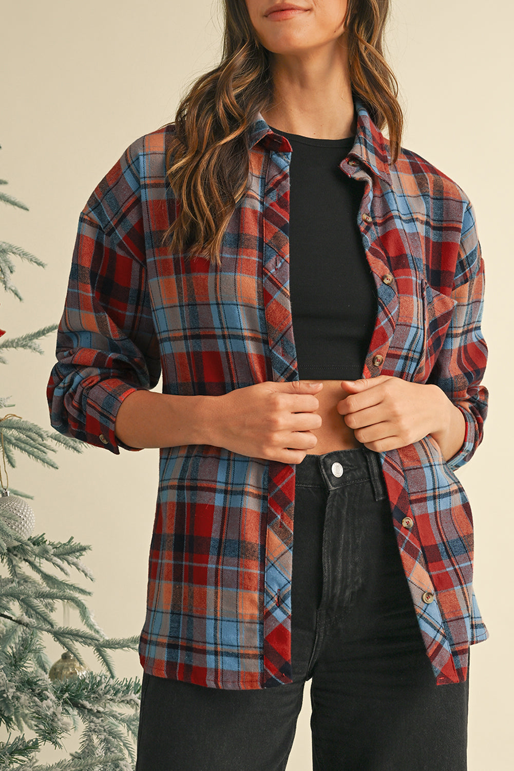 Orange Plaid Print Pocket Loose Shirt