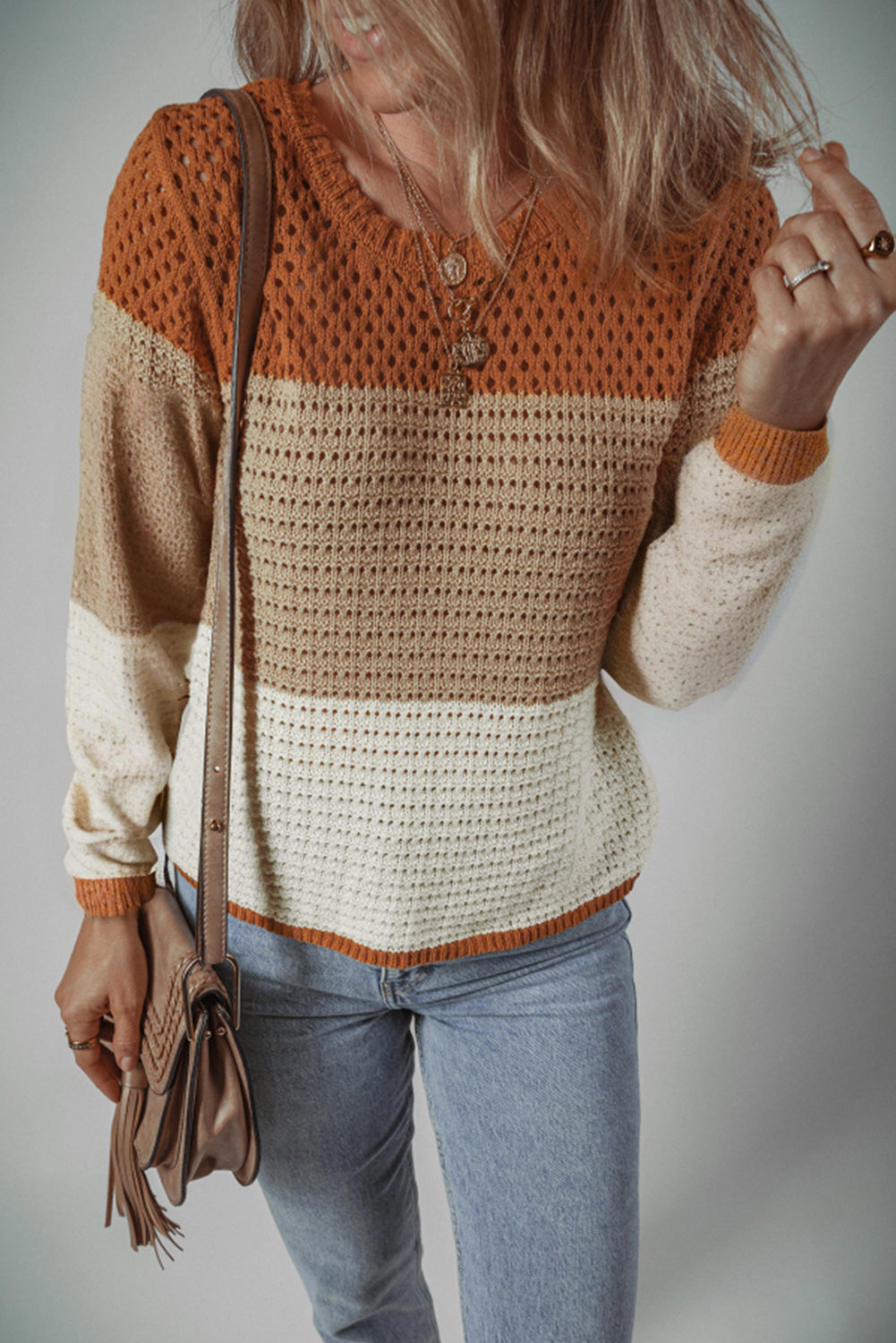 Orange Colorblock Round Neck Hollow Knit Sweater