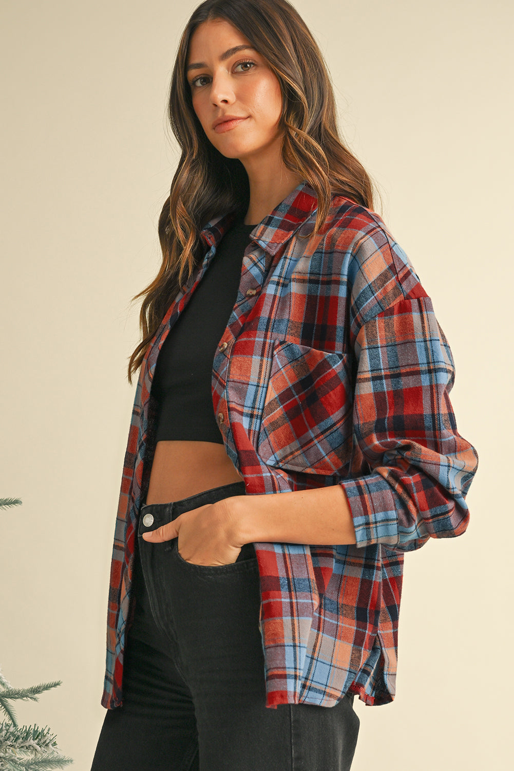 Orange Plaid Print Pocket Loose Shirt