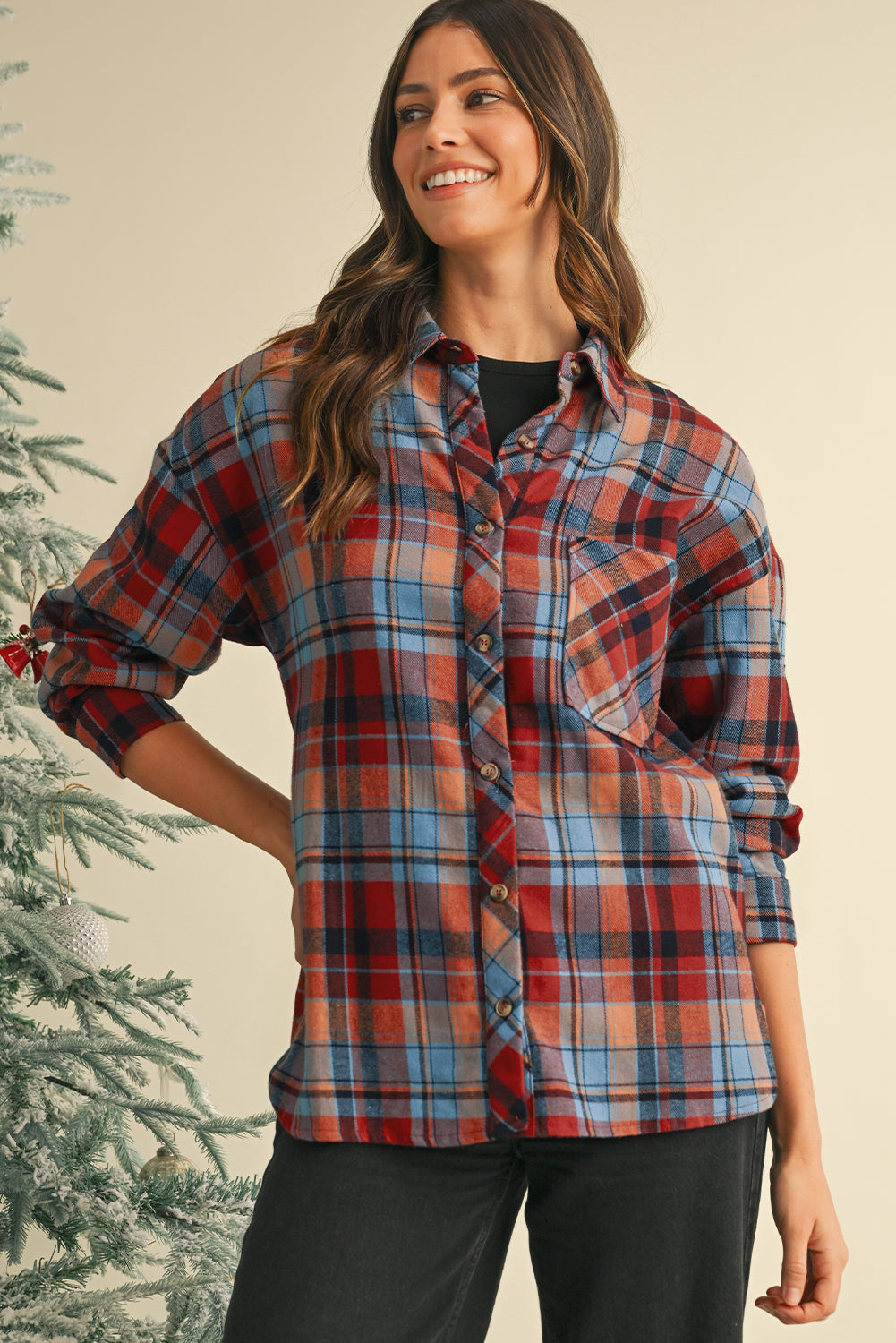 Orange Plaid Print Pocket Loose Shirt