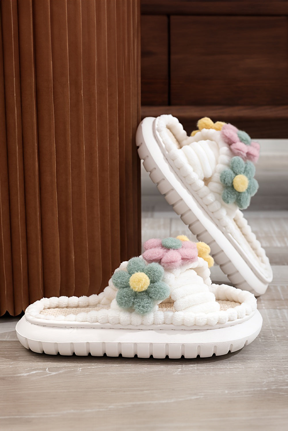 White Fuzzy Flower Cross Strap Open Toe Slippers