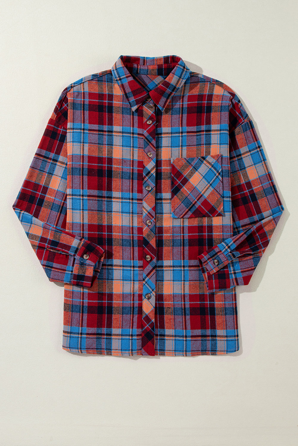 Orange Plaid Print Pocket Loose Shirt