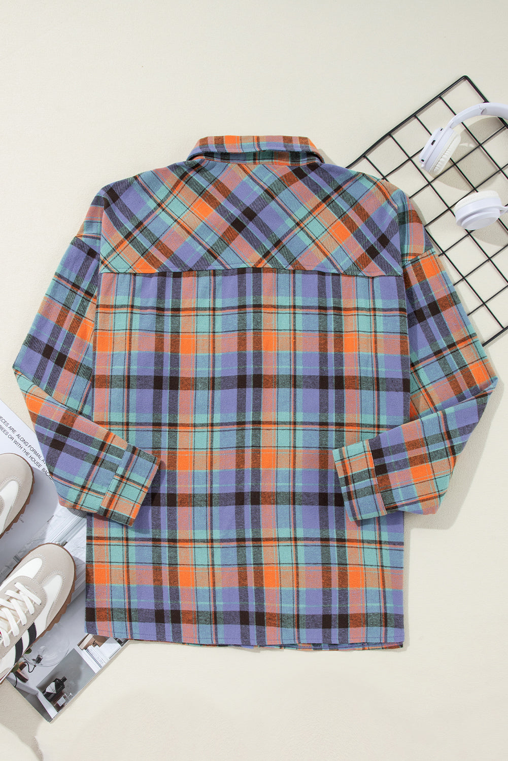 Orange Plaid Print Pocket Loose Shirt